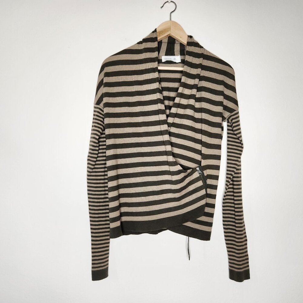 Laurie B. Womens Medium Green Sage Beige Striped Cotton Cashmere Cardigan Zip